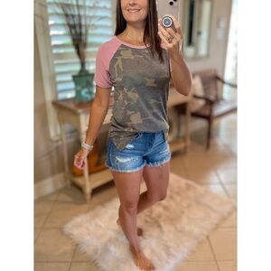 ❤️‍🔥Camouflage Color Block Raglan Contrast Round Neck Shirt Top Pink 2522